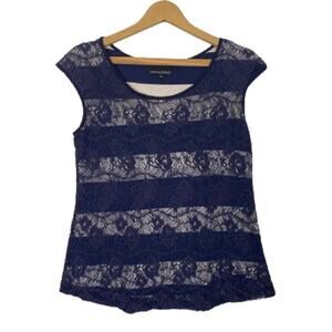 Cynthia Rowley Blue & White Striped Sleeveless Top with Blue Lace‎ Overlay Sz M